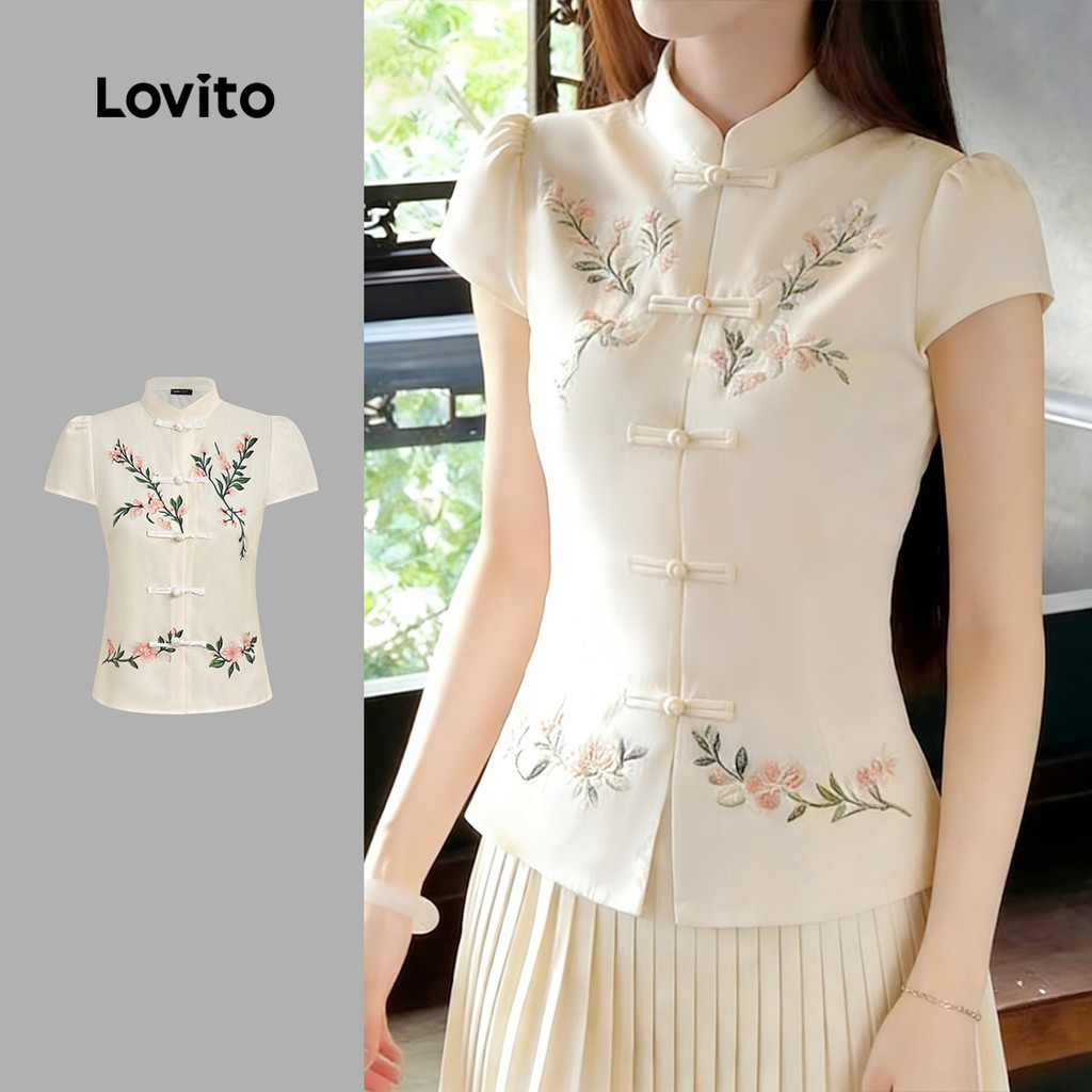 Lovito Blusa Vintage Para Festa De Natal Com Botões Estilo Chinês Primavera/verão Cor Damasco Para Mulheres L171ED1069 em Oferta na Shopee