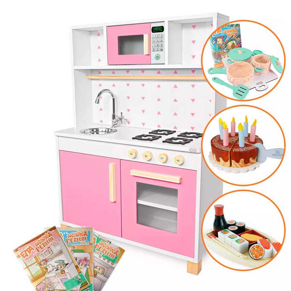 Cozinha Infantil Panelinhas Bolo Sushi Brinquedo Madeira Panelinha Verde Claro Faz de Conta Chef Kit Livro Educativo