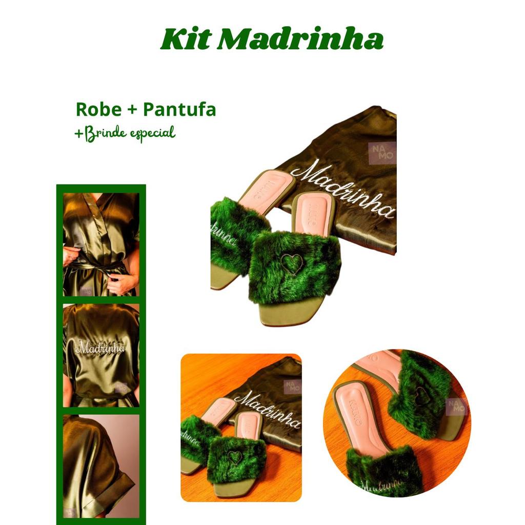 Kit Madrinha Robe Cetim Verde + Pantufa Bordados “Madrinha” Branco