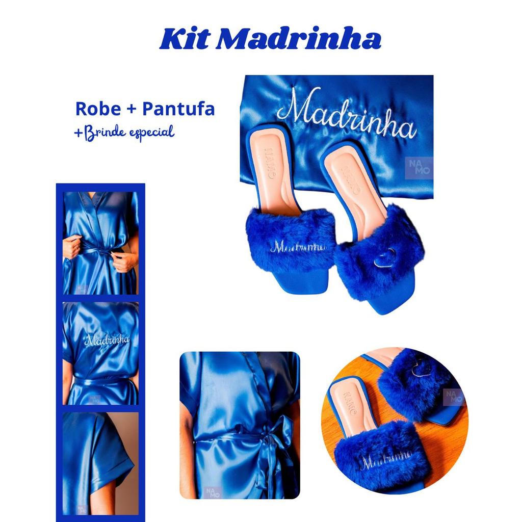 Kit Luxo Madrinha Robe Cetim Azul Bic com Pantufa Bordados “Madrinha”