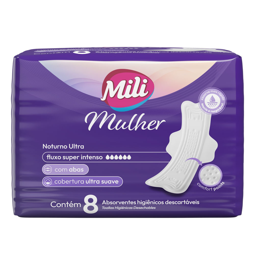 Absorvente Mili Mulher Noturno Discreto Fluxo Super Intenso Ultra Suave com Abas 8 Unidades em Oferta na Shopee