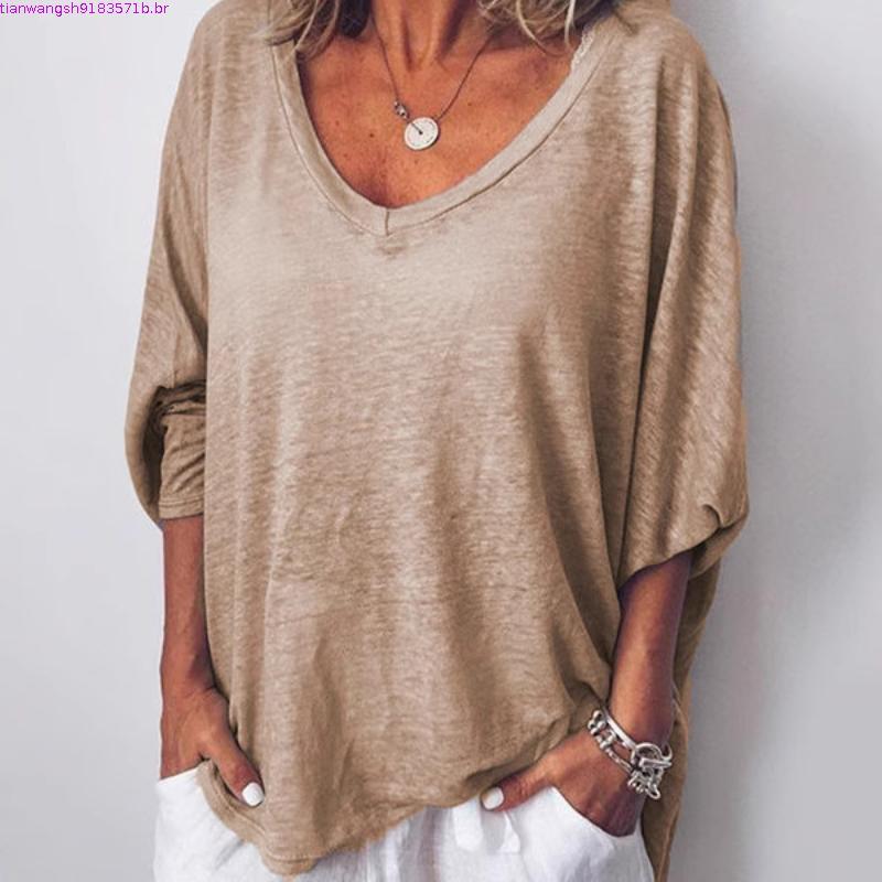 Blusa Versátil Confortável Camisa Solta Elegante Com Decote Em V Manga Morcego Camiseta Feminina Leve E Respirável Para
