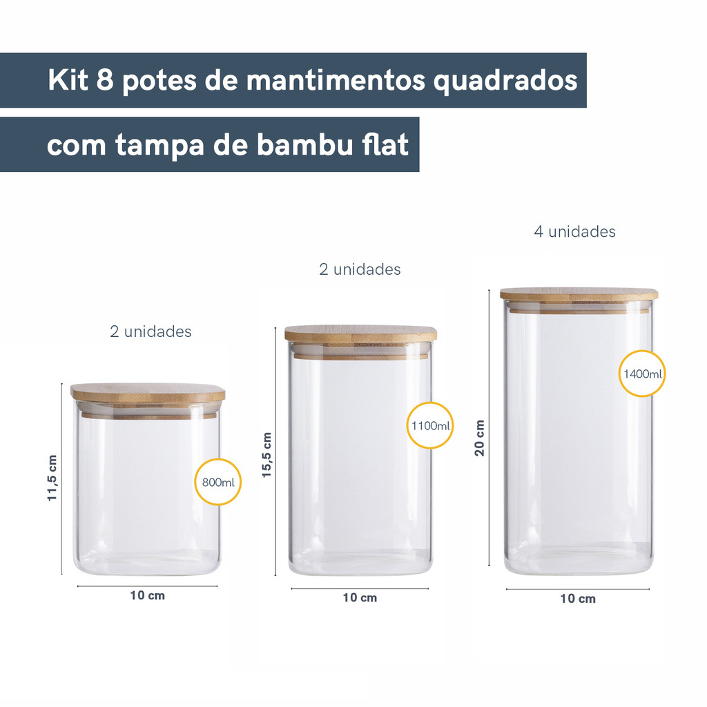 Kit Potes Hermeticos Vidro Quad Flat 1400/1100/800ml - 8 pçs Oikos — imagem 2 de 2