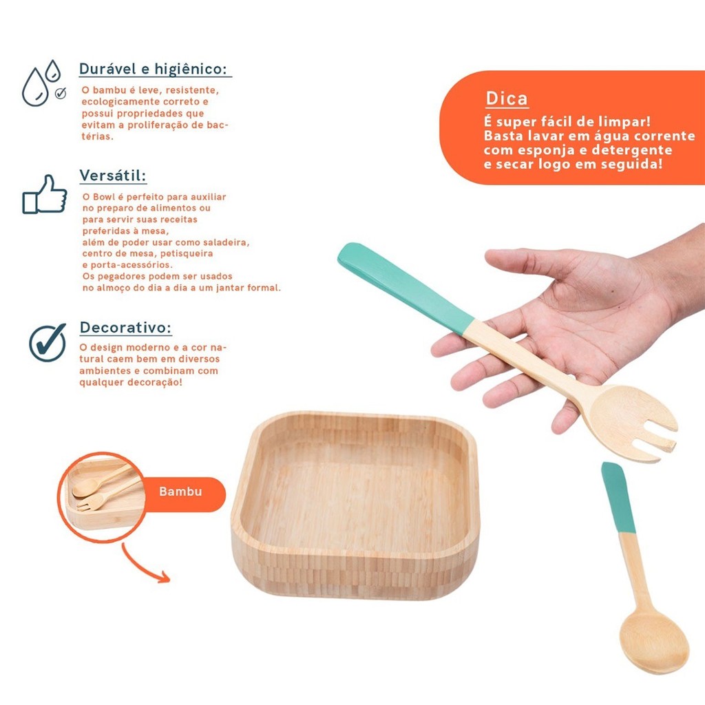 Kit Bowl de Bambu E Utensílios Para Salada 3 Pç Verde - Oikos — imagem 2 de 2