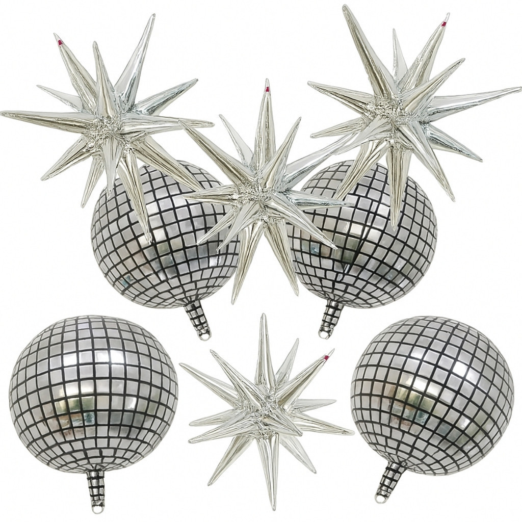 Kit c/ 4 Balão Globo Orbis Quadriculado Prateado 60cm + 4 Balão Estrela Sputnik Prata 55cm 14 Pontas
