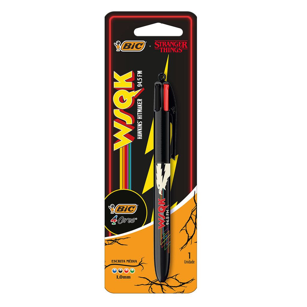 Caneta esferográfica 1.0 retrátil Stranger Things Squawk 4 cores Bic