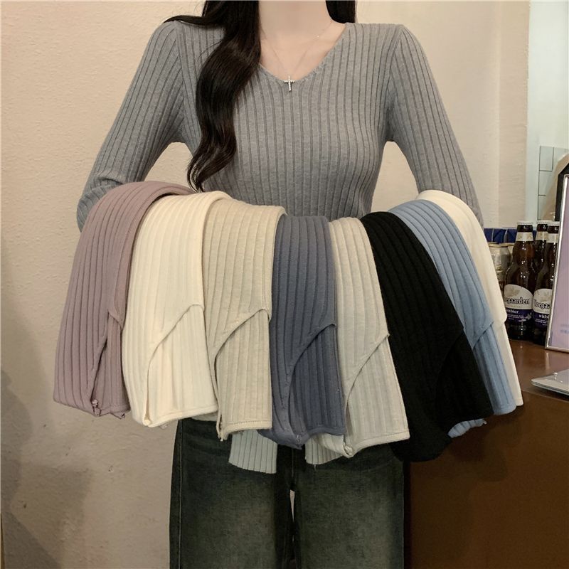 Primavera outono com decote em V topo fino-ajuste inverno interior de manga comprida estilo ocidental camisola de fundo 