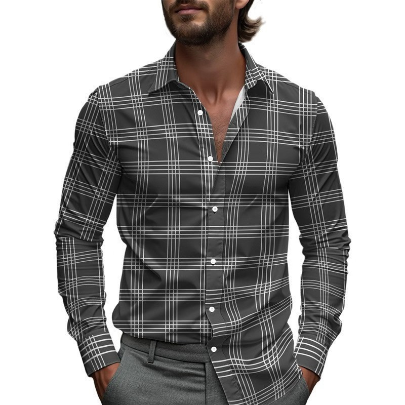 Camisa xadrez empresarial masculina estampada Camisa Casual lapela respirável manga comprida Camisa