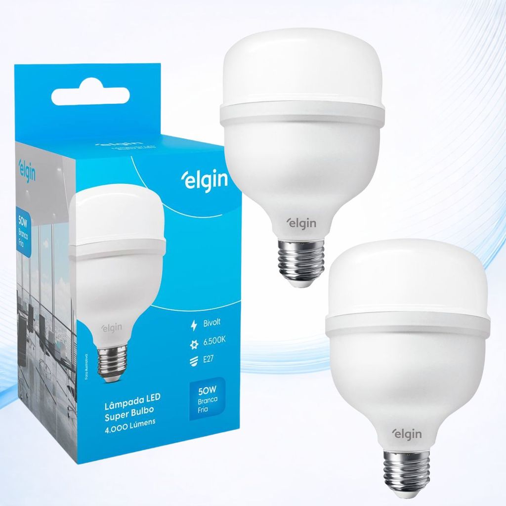 Kit 2 Lâmpada LED 50W Elgin Super Bulbo E27 6500K Branca Fria Alta Potência Econômica em Oferta na Shopee