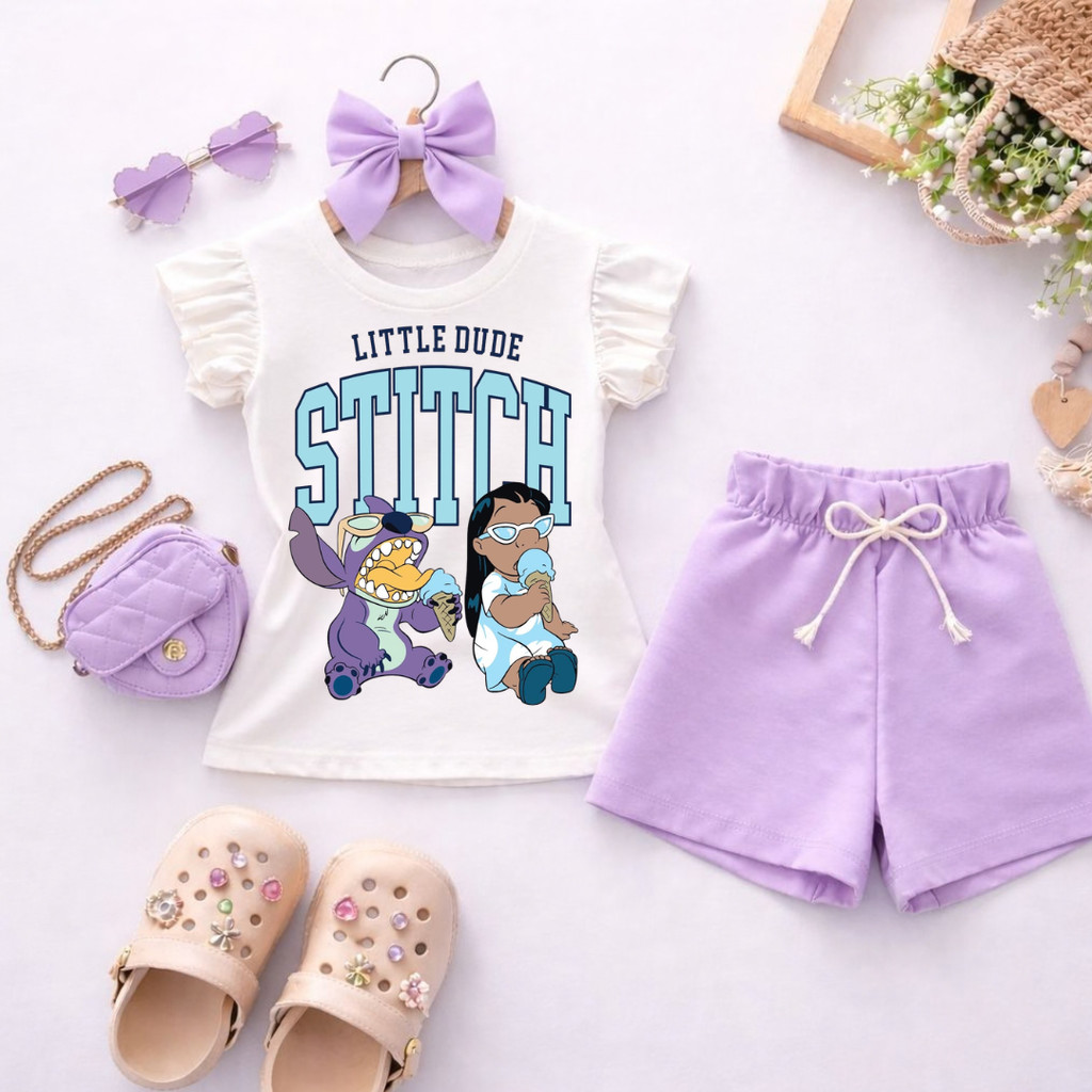 Conjunto Infantil Menina Blusa Branca Estampa Stitch + Short Lilás Roupa Infantil Fashion