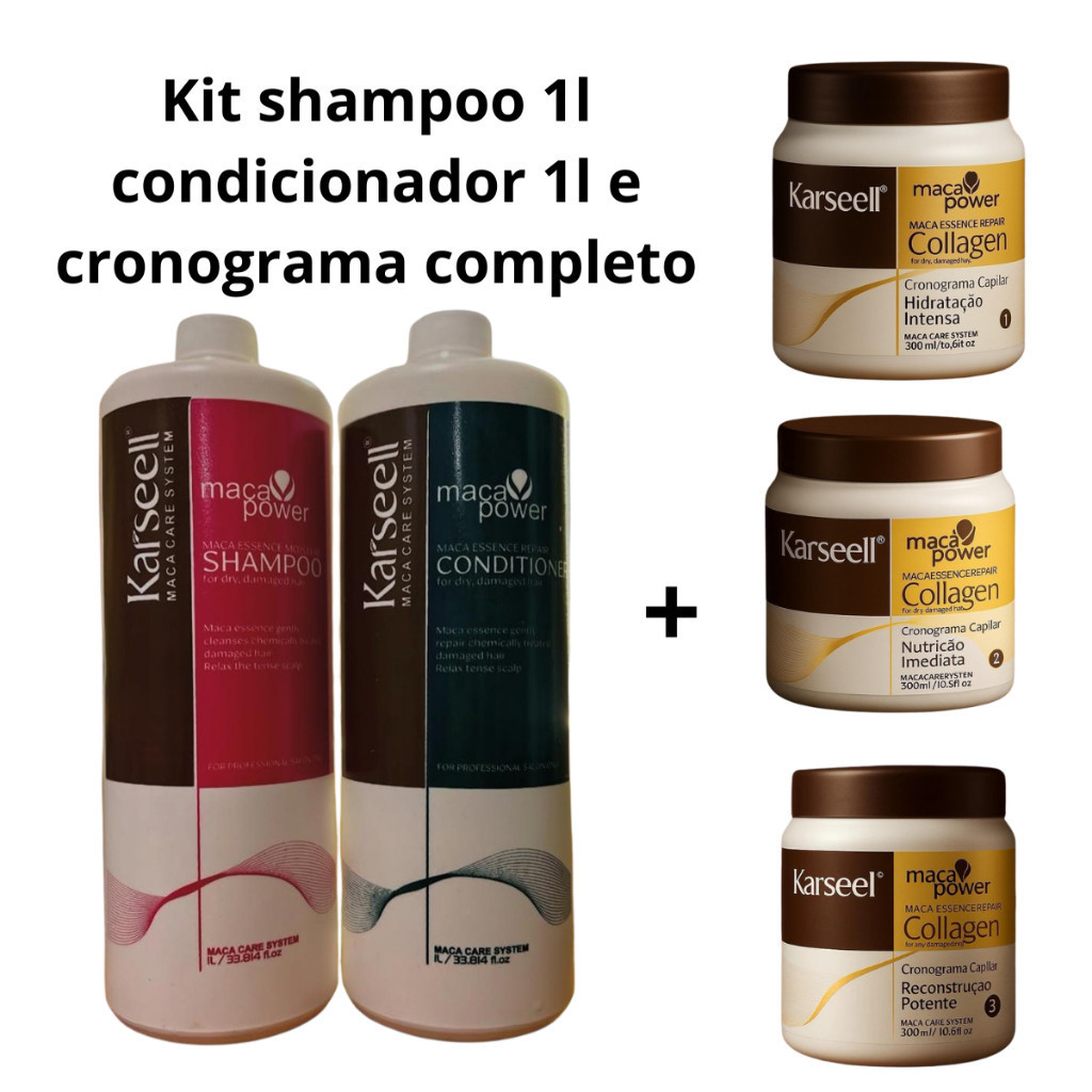 Kit Karseell Completo Shampoo 1L + Condicionador 1L + Cronograma Capilar 3 Máscaras Hidratação Nutrição Reconstrução
