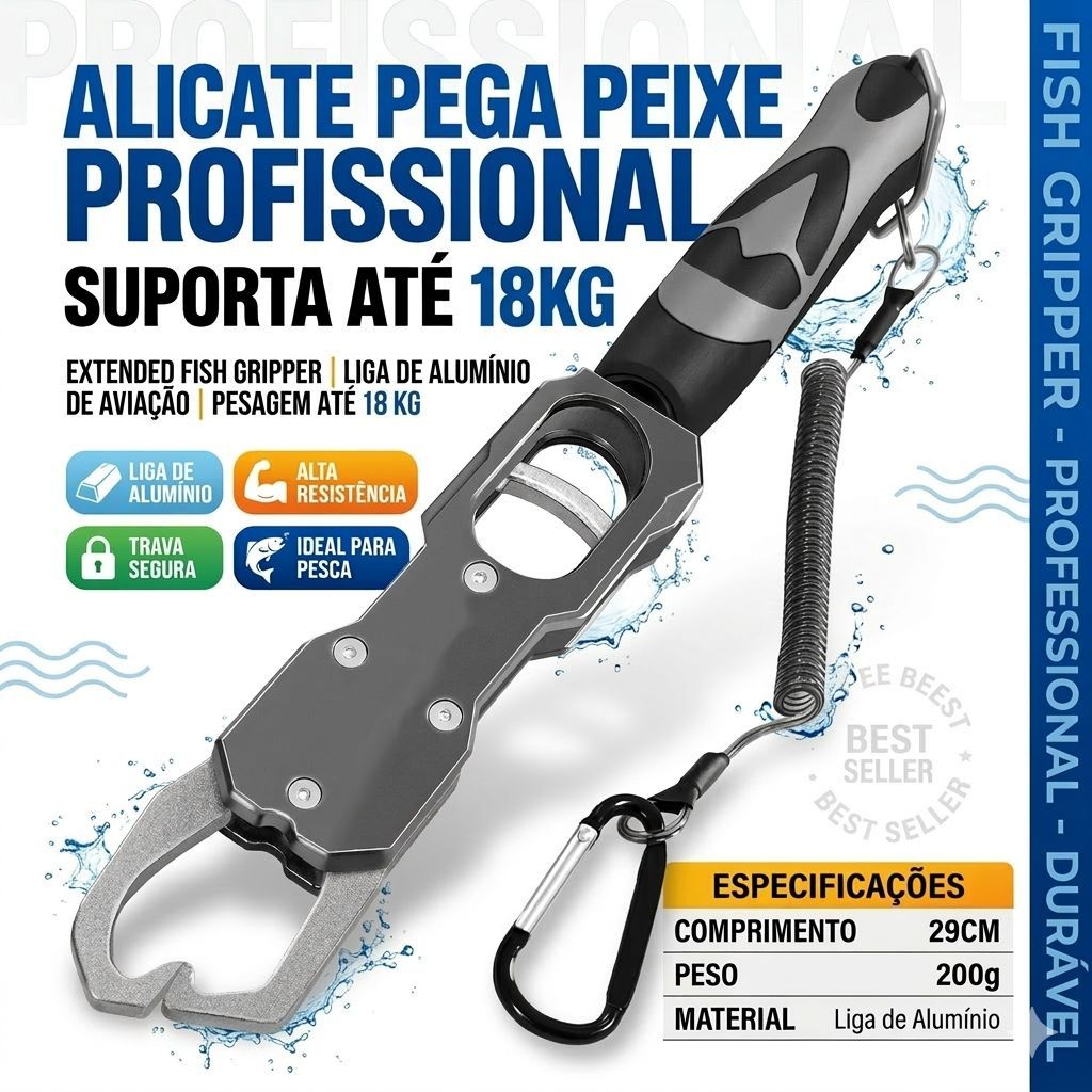Alicate de Pesca Fishing Gripper em Alumínio com Trava e Cordão de Segurança | Pegador de Peixe