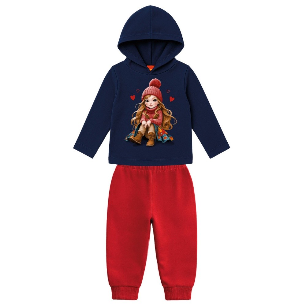Conjunto Menina Kyly em Moletom Peluciado Estampa Menina cor Marinho/Vermelho