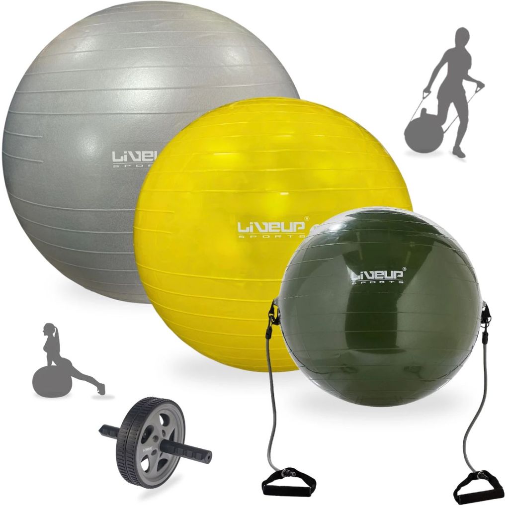 Kit Pilates 3 Bolas Suiças (65cm com Extensor, 75cm e 85cm) com Inflador + Rodinha Abdominal Treino Exercícios