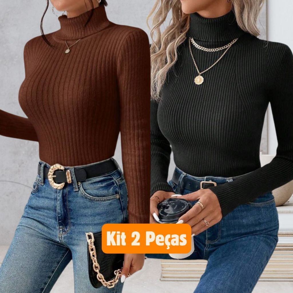 KIt 2 Blusas Feminina Cacharrel Tricot Básica Suéter Trico Gola Alta Manga Longa Inverno Frio Lâ Segunda pele