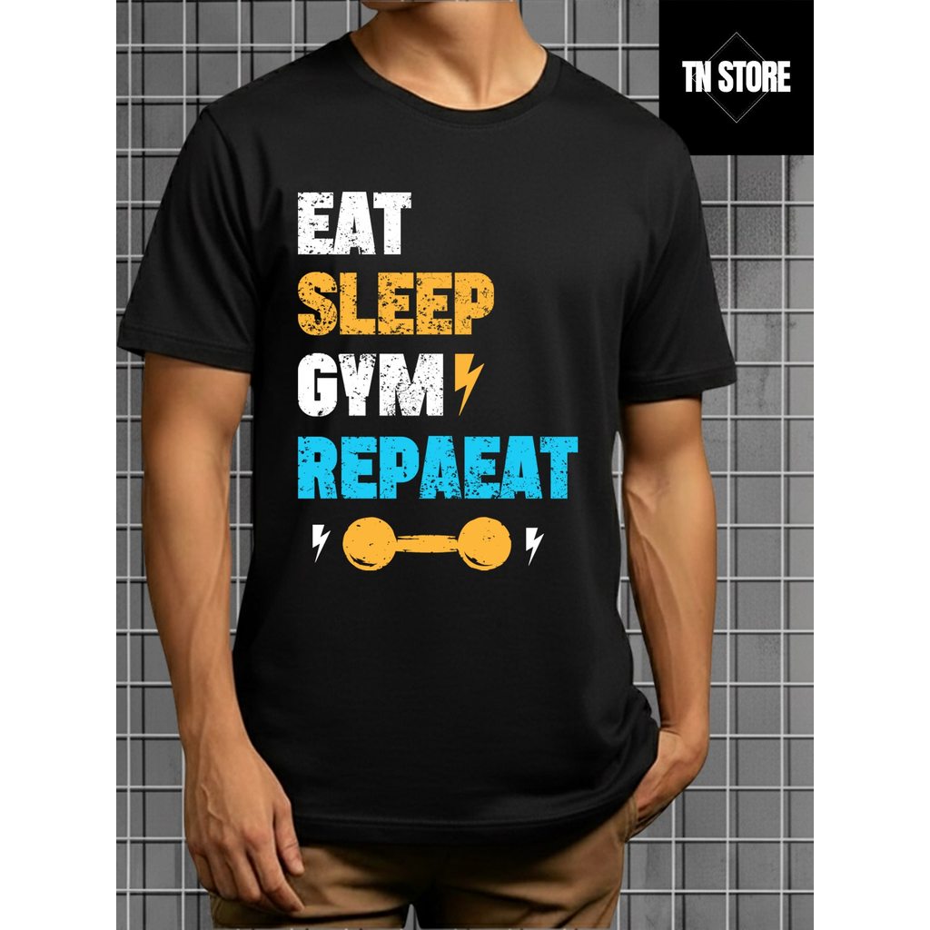 Camiseta Eat Sleep Gym Repaeat Academia Camisa Blusa Unissex Masculino Feminino 100% Algodão Preto Branco Plus Size