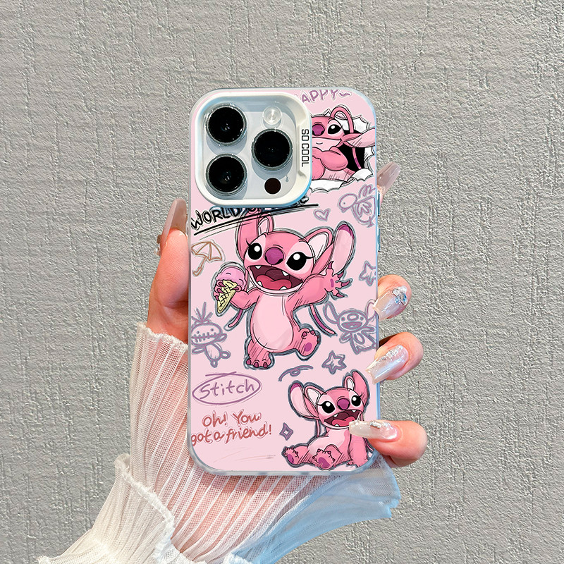 Capa Stitch Rosa Capinha para iPhone 11 12 13 14 15 16 17 Pro Max Samsung S25 S24 S23 Linha A