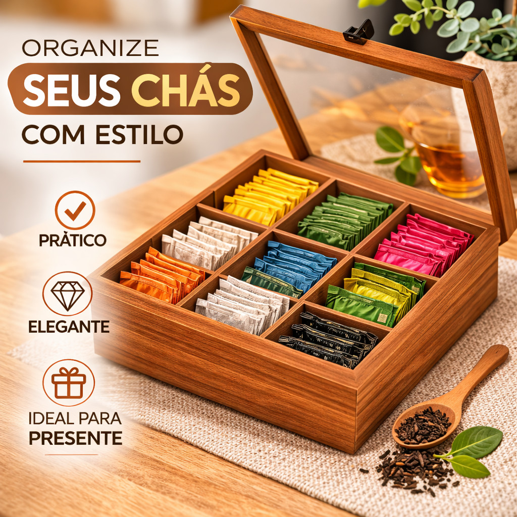 Porta Chá Bambu Caixa de Chá Organizadora com Divisórias Porta Sachê Cantinho do Café