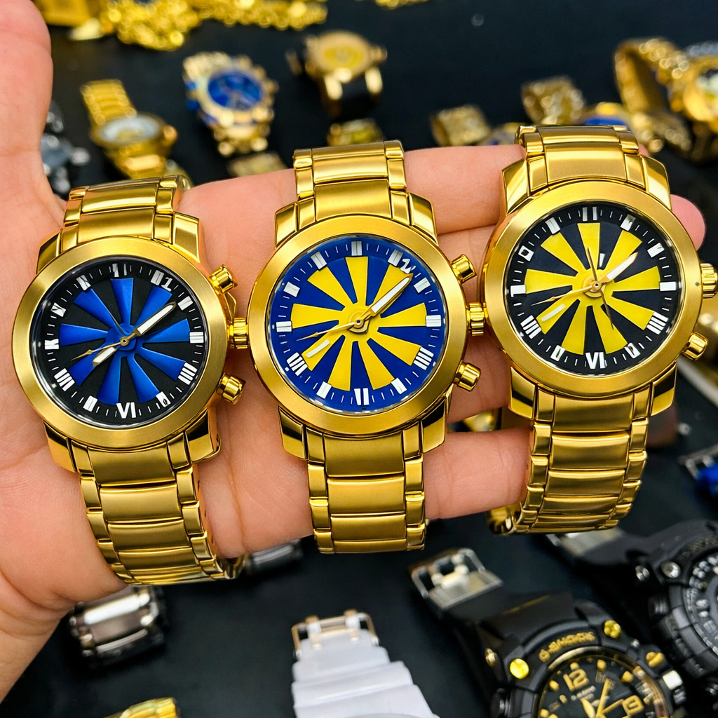 Relógio Masculino Dourado Estilo 18K Roleta Ventilador Giratório Aço Inoxidável