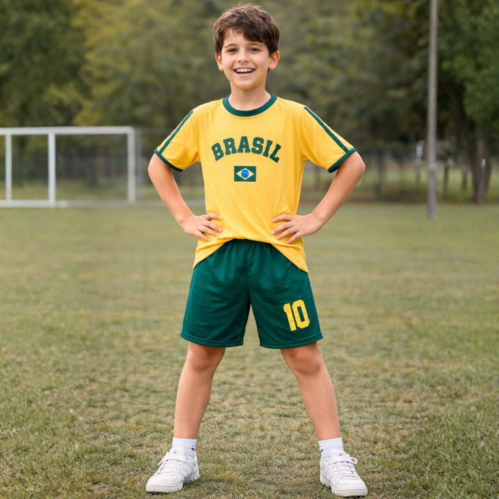 Conjunto dry fit do brasil estampada tamanho 02 ao 14 em poliéster camiseta e short leve