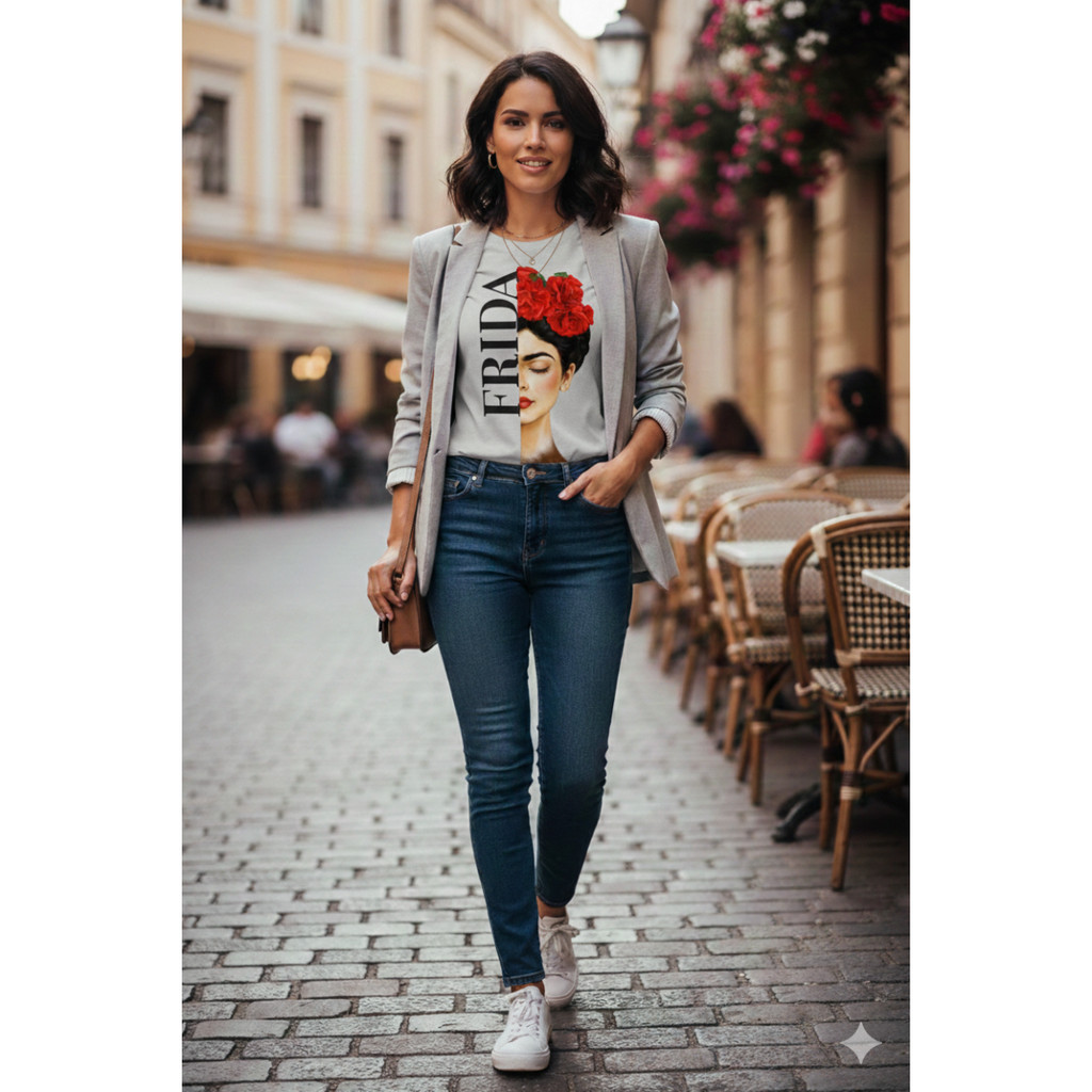 Camiseta Feminina Estampa Frida Kahlo Camiseta Moderna Casual 100% Algodão
