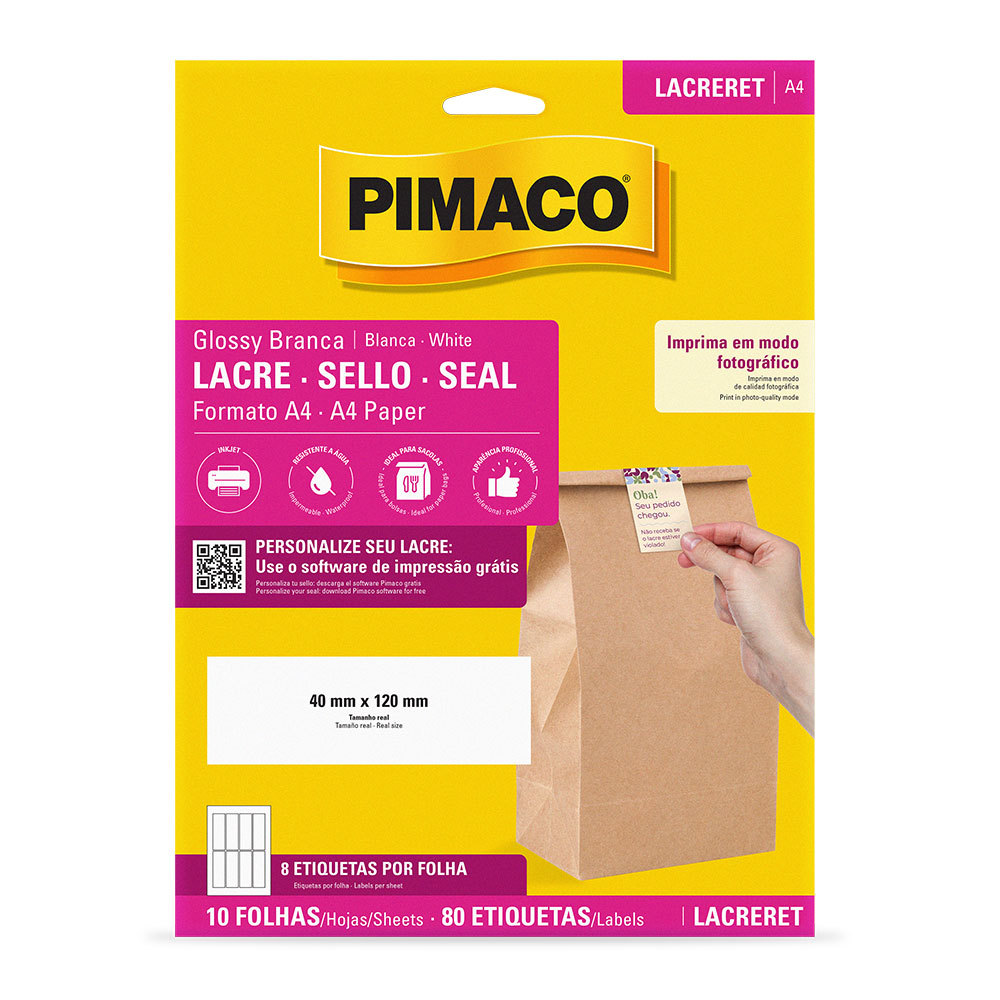 Etiqueta lacre glossy retangular A4 LACRERET com 10 folhas Pimaco