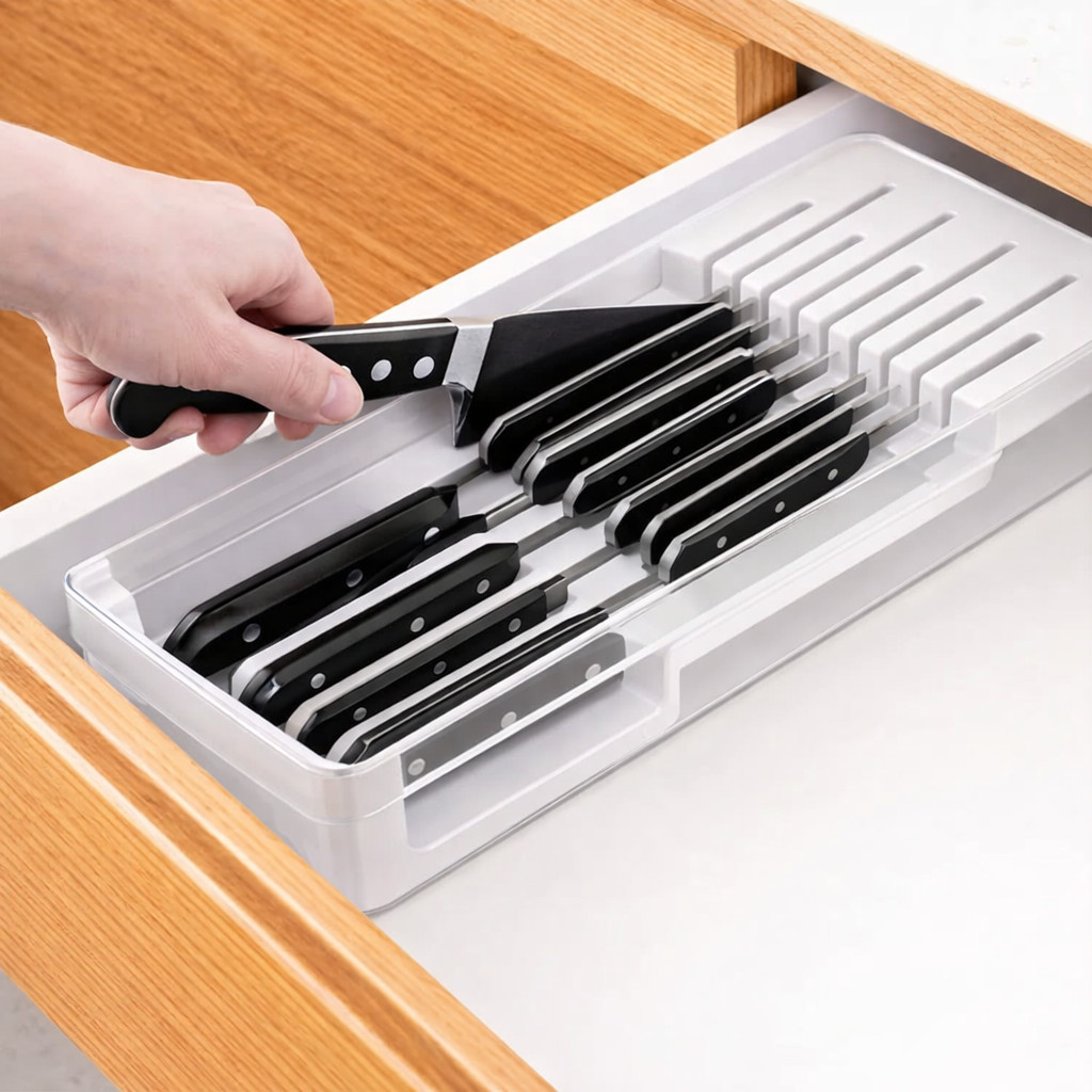 Organizador Porta Facas Gaveta Branco 9 Divisorias Cozinha Acrilico Resistente Casa Primo