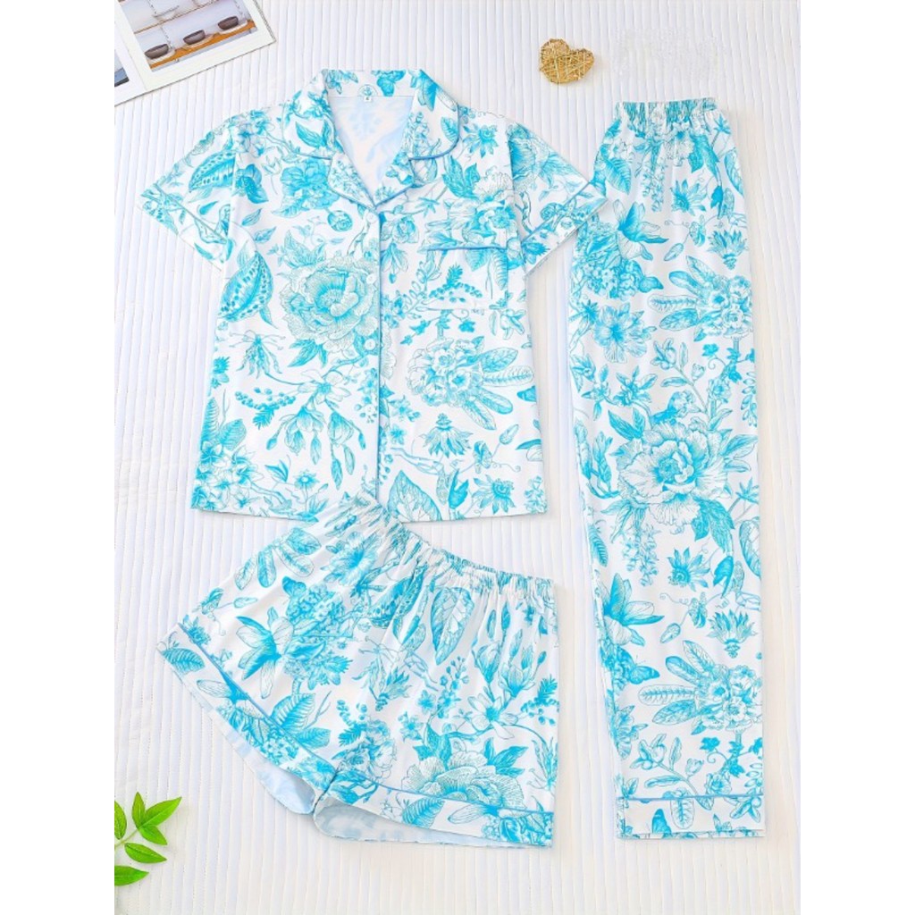 Imagem Senhoras Cardigan Shorts de manga curta calças de três peças Loungewear verão fino confortável pijamas conjunto