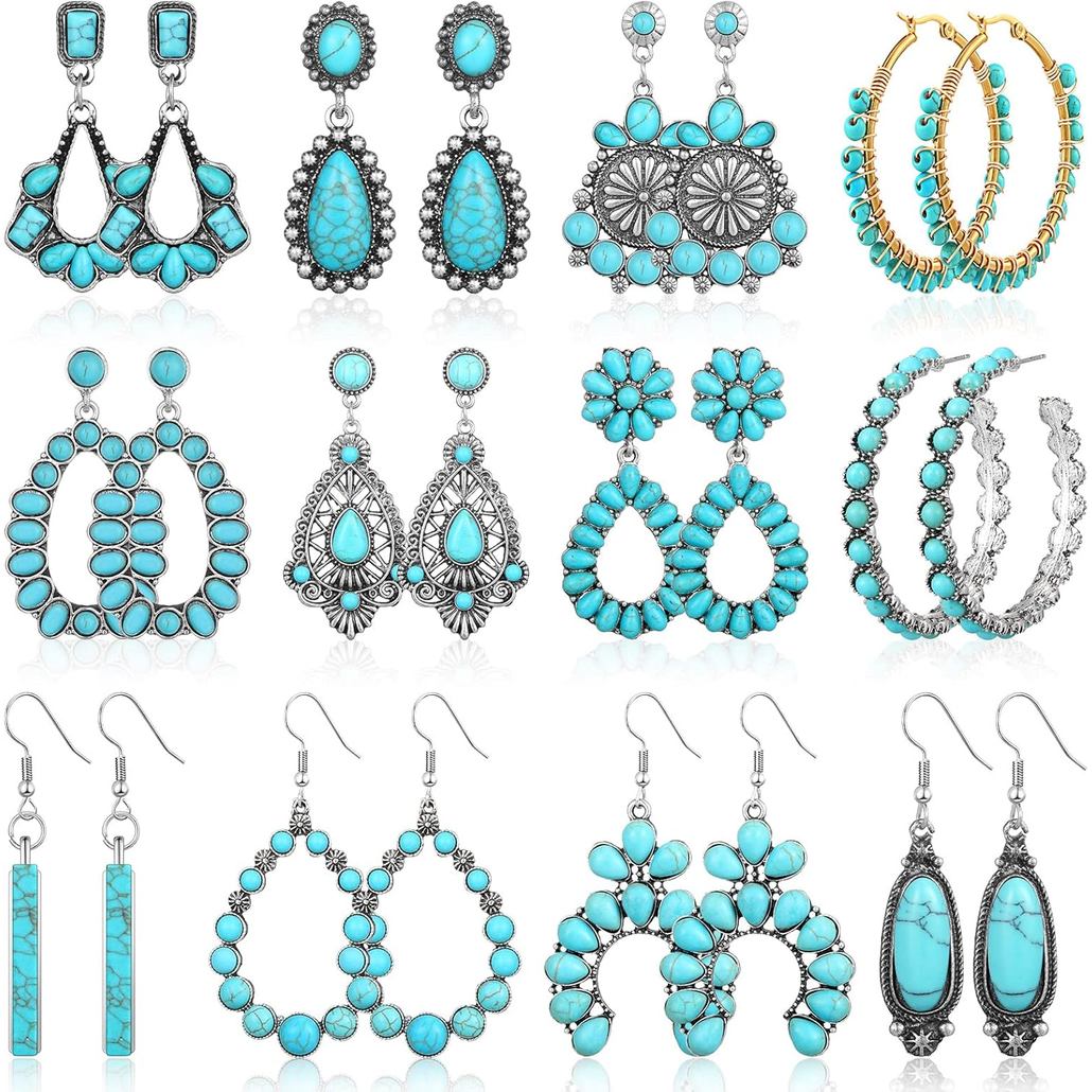 Conjunto de 12 pares de brincos de turquesa para mulheres, brincos pendentes boêmios de turquesa, brincos redondos de me