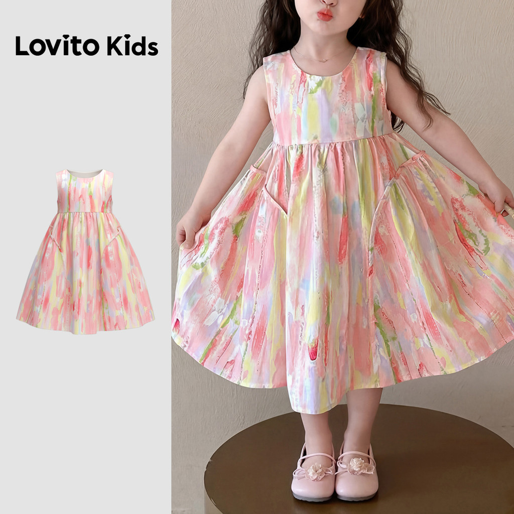Lovito Kids Padrão de Vestido Casual Plissado Primavera/verão Rosa para Menina LNL139149 em Oferta na Shopee