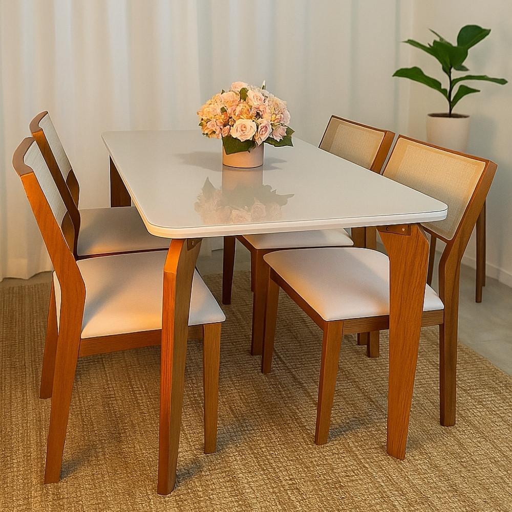 Conjunto Mesa de Jantar Vitória 130x80 Tampo Vidro 4 Cadeiras Viena Tela Sintética Madeira Maciça Cinamomo
