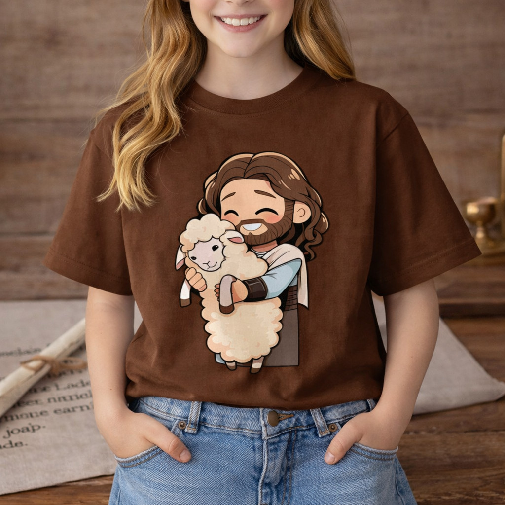 Camiseta Infantil Jesus e o Rebanho Roupa Cristã Criança Estampa Fofa Algodão Macio Confortável Menino Menina Casual