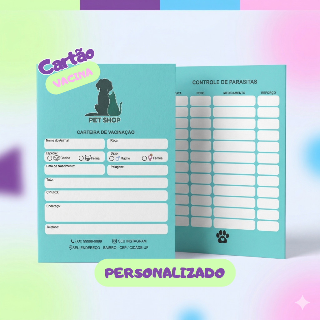 Cartão de Vacina Pet Personalizado - Clinicas, PetShop