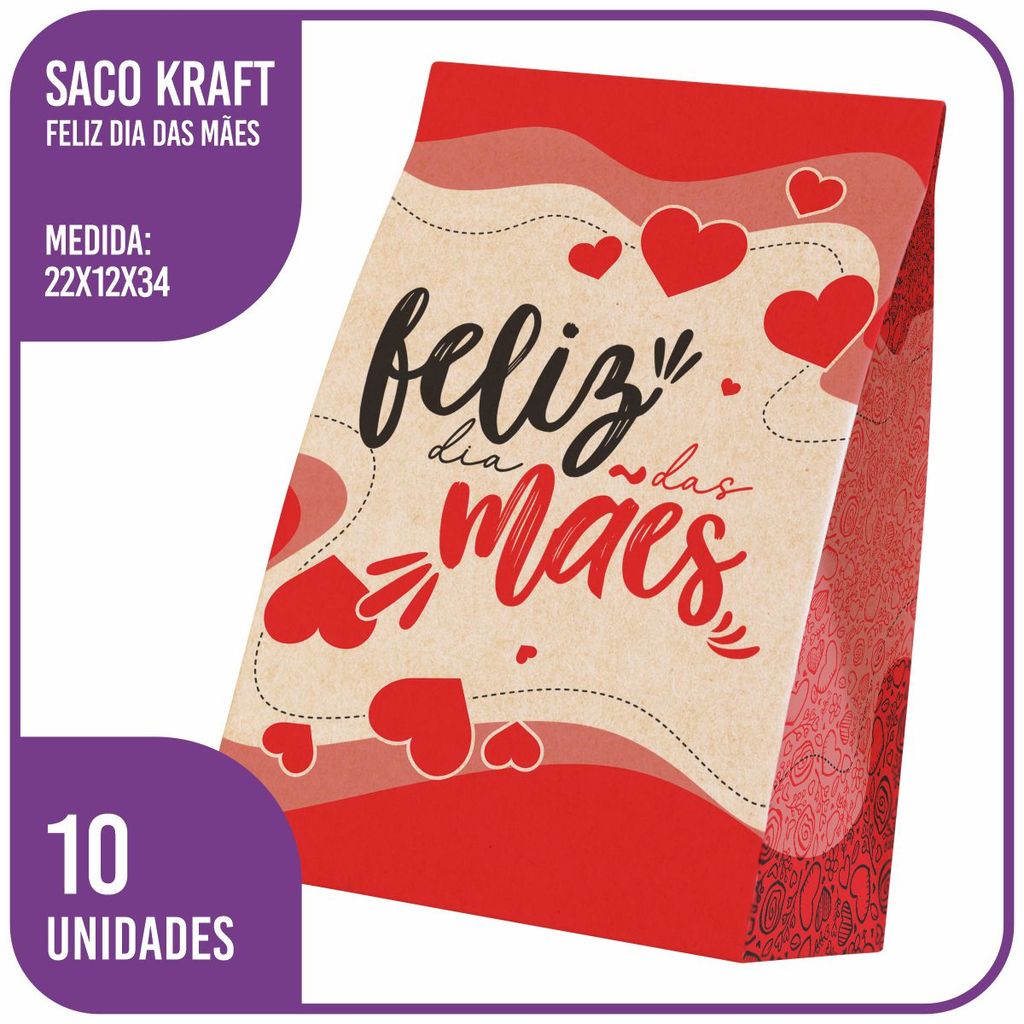 Saco Kraft Feliz Dia das Mães M 22x12x34 - (10 Unidades)