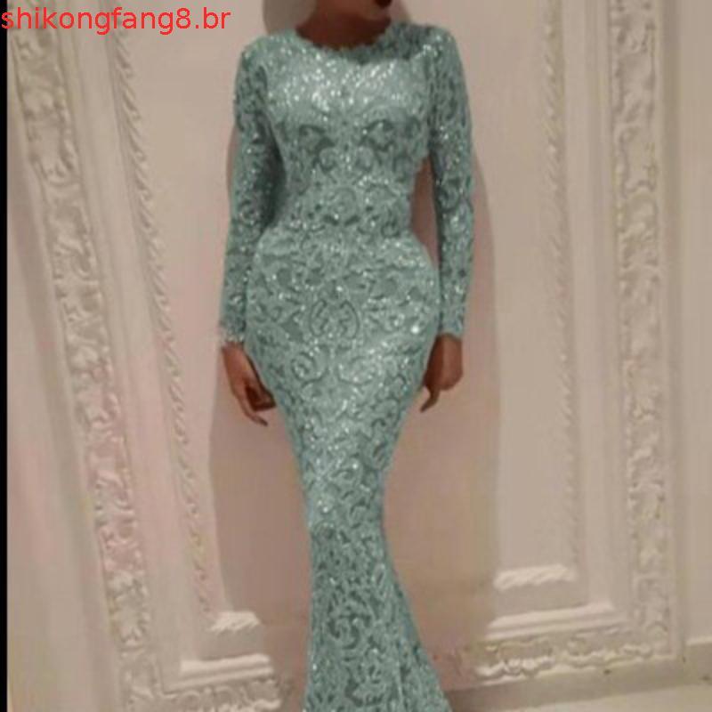 Vestido de Noite Vestido Feminino Roupas Femininas Dourado com Mangas Longas Slim Sexy Vestido Longo Vestido de Noite Fe