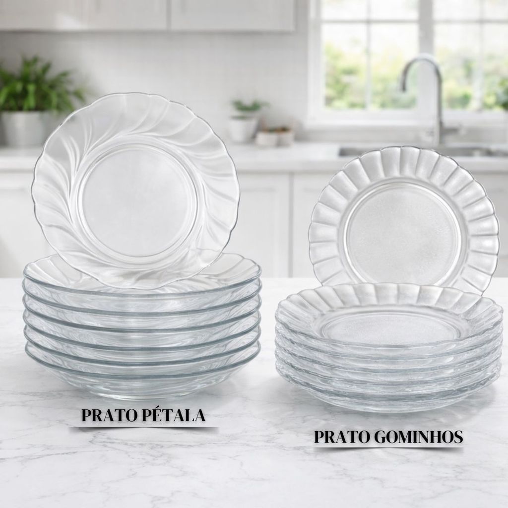 Kit 12 Pratos Resistentes de Vidro 22cm – Egípcio, Pétala , Liso, floral e Gominho Pratos fundos Modernos