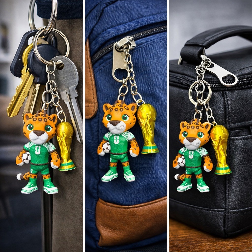 Kit 2 Chaveiros Copa do Mundo 2026 Mascote Zayu + Troféu 3D MELI3D