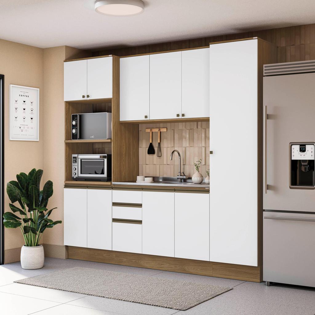 Cozinha Compacta Celeste Kappesberg 100% MDF Nogueira/Branco 240cm