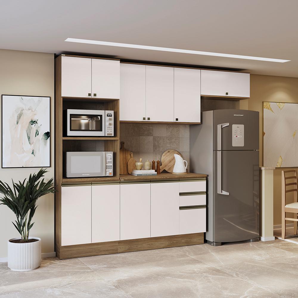 Armário de Cozinha Completa 100% MDF 270cm Nogueira/Branco Celeste Kappesberg