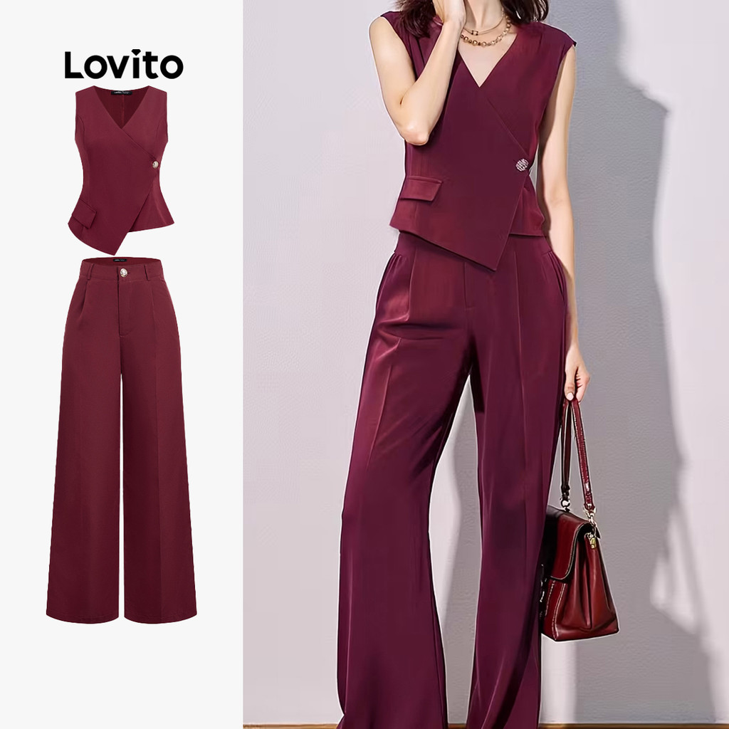 Lovito Conjunto Elegante De Blusa Ou Calça Assimétrica Com Botões Na Cor Bordô Primavera/verão Para Mulheres L165ED1008