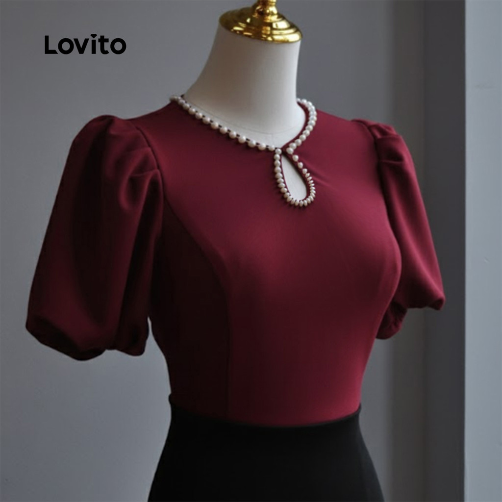 Lovito Blusa Elegante Pérolas Primavera/verão Blusa Vermelha para mulheres LK2ED155