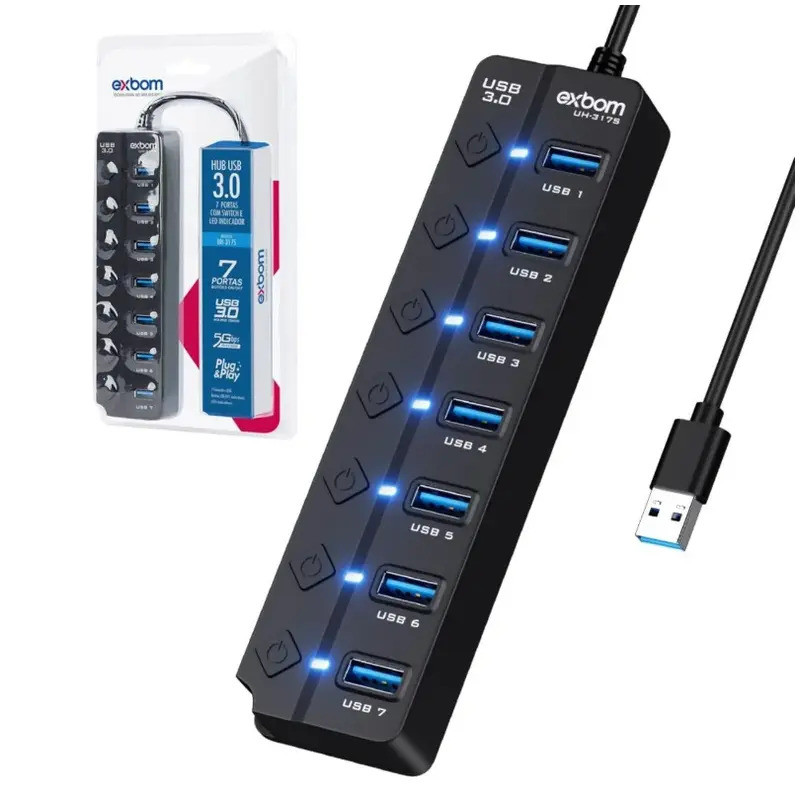HUB USB 3.0 7 PORTAS COM INTERRUPTORES EXBOM UH-317S