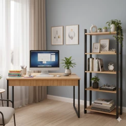 Conjunto Mesa Industrial + Estante Livreiro 5 Prateleiras Ideais para Organização