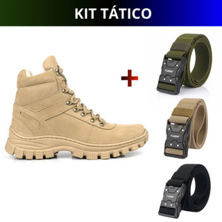 Kit Bota Militar Couro Legítimo Coturno Areia + Cinto Masculino Tático Versátil Confortável Estiloso