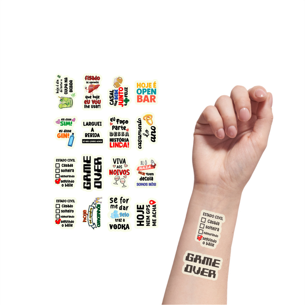 Tatuagem Temporária Casamento Brilho no Escuro | Kit Festa 16-032