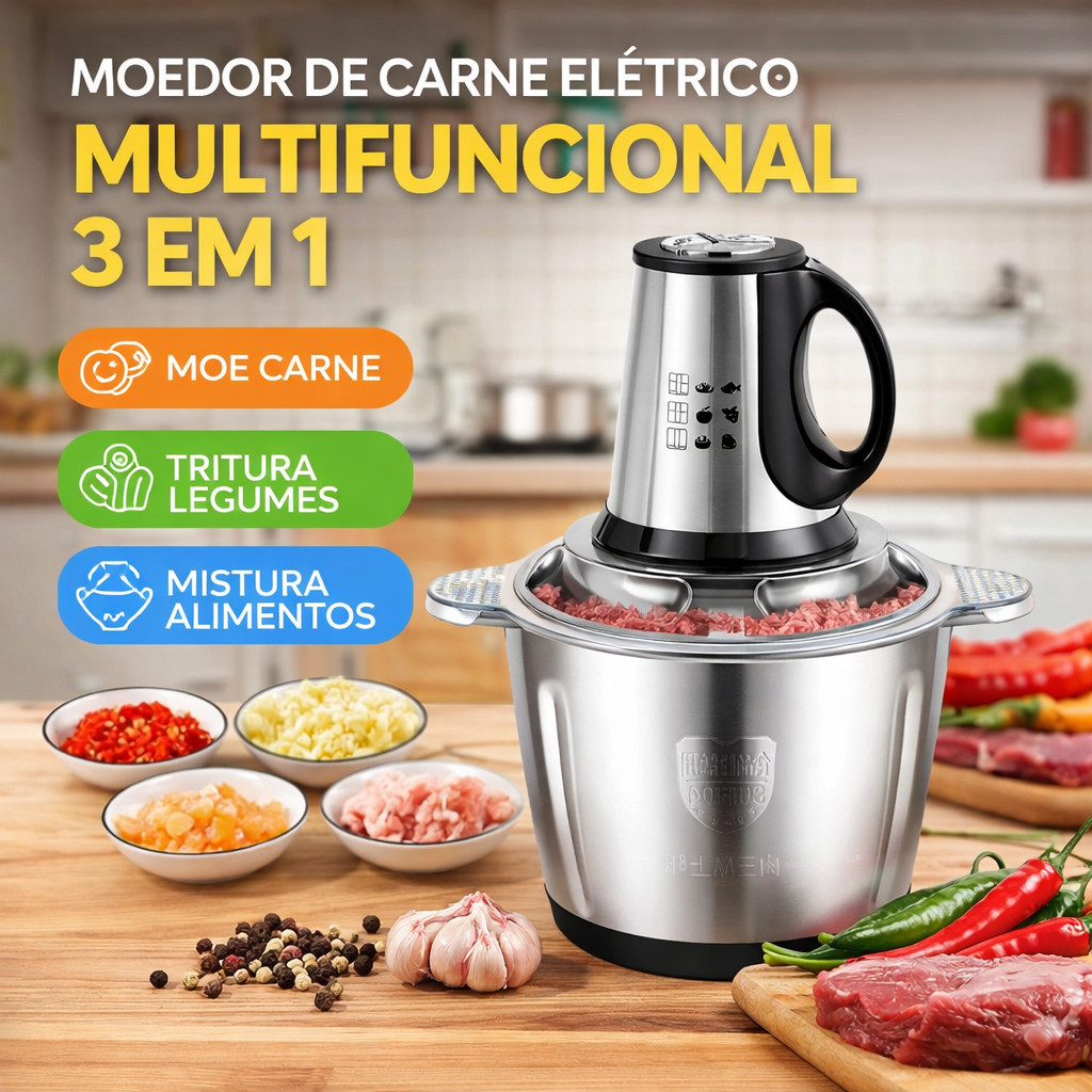 Imagem Moedor de Carne Elétrico Multifuncional 3 em 1 para Carne, Legumes e Alimentos – Potente e Fácil de Usar