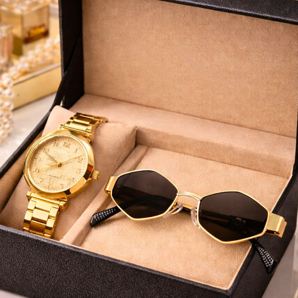 Kit Óculos Poligonal Armação de Metal com Proteção UV400 + Relógio Banhado a Ouro Luxo Feminino