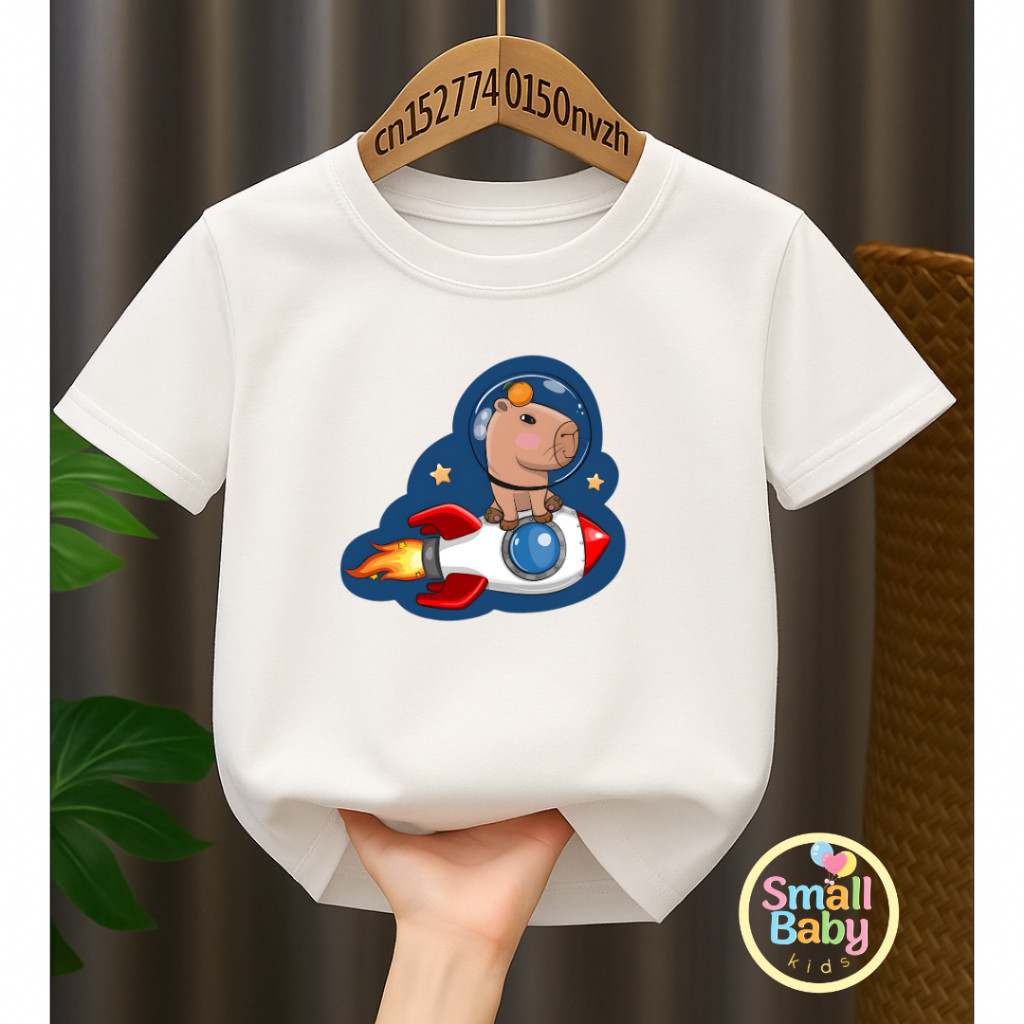 Camiseta Infantil Juvenil Unissex Capivara Foguete Estampada Desenho Personagem