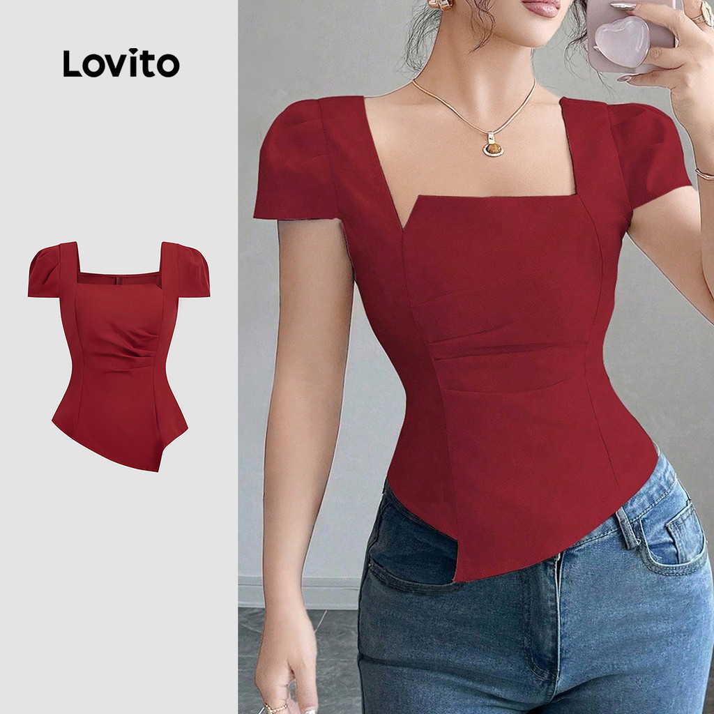Lovito Blusa Casual Assimétrica Plissada Cor Vinho Primavera/verão Feminina L172ED968 em Oferta na Shopee