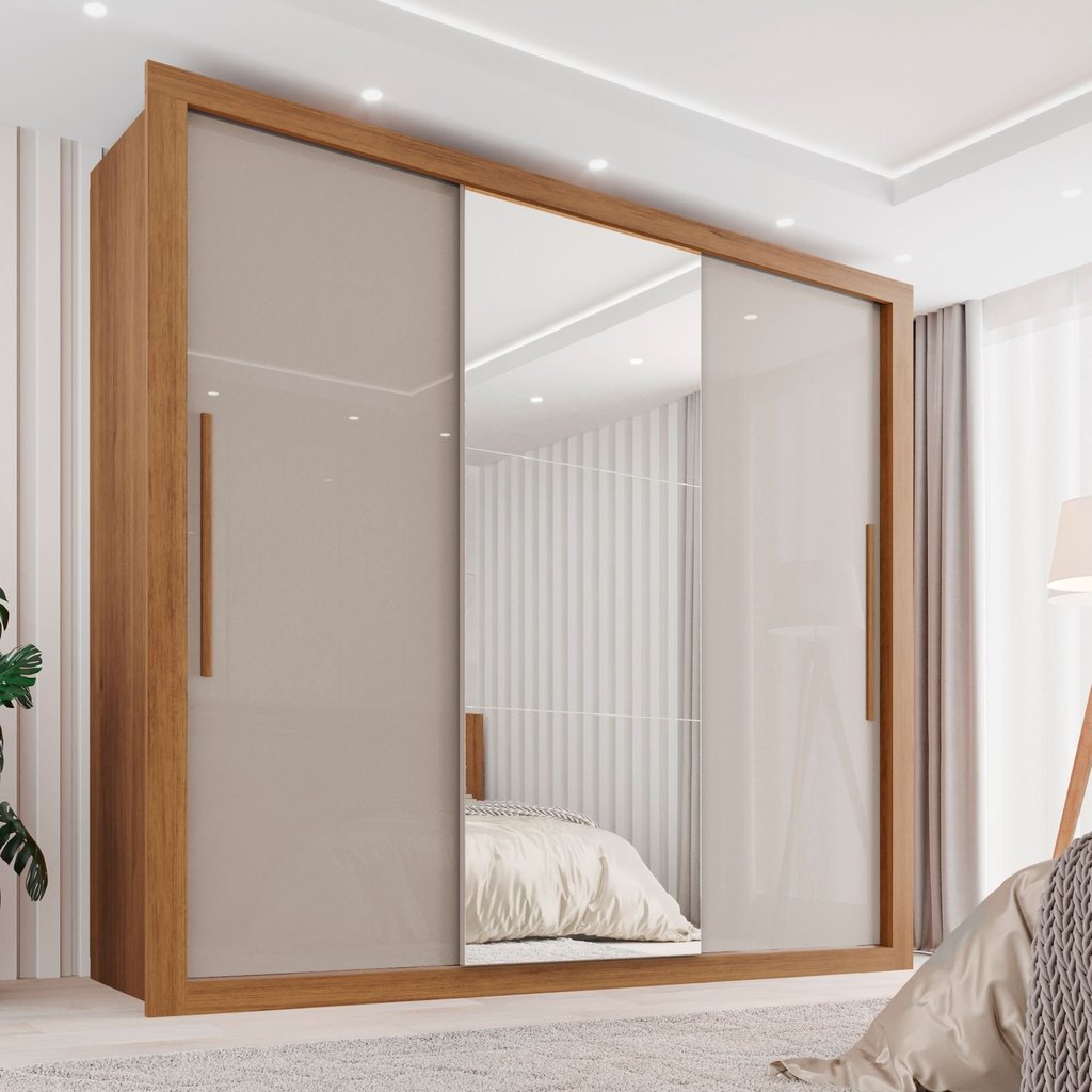 Guarda Roupa Casal 3 Portas com Espelho 4 Gavetas Costa Rica  Cinamomo/Off-White